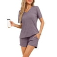 thumbnail image 1 of INSPIRE CHIC Women's Pajama Ribbed Knit Loungewear Sleepwear Short Sleeve Top and Shorts with Pockets Lounge Set M Purple, 1 of 5