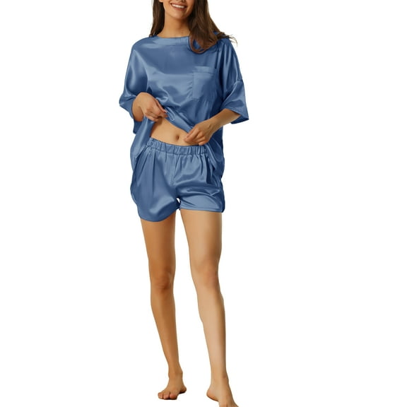 INSPIRE CHIC Women's Satin Pajama Set Short Sleeves T-Shirt with Shorts 2 Piece Lounge Set with Pockets M Blue