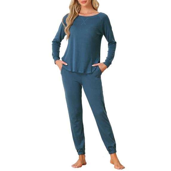 INSPIRE CHIC Women's Lounge Set Sweatshirt with Jogger Long Sleeve Round Neck Knit Pajama Tracksuit M Blue