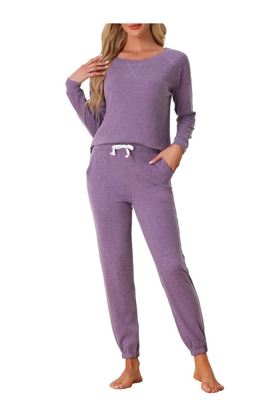 Women's Lounge Set Sweatshirt with Jogger Long Sleeve Round Neck Knit Pajama Tracksuit 2XL Purple