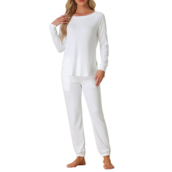 INSPIRE CHIC Women's Lounge Set Sweatshirt with Jogger Long Sleeve Round Neck Knit Pajama Tracksuit L White