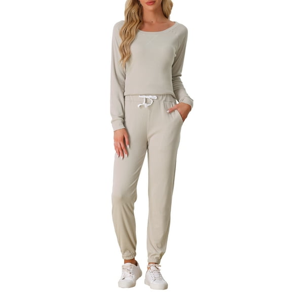 INSPIRE CHIC Women's Lounge Set Sweatshirt with Jogger Long Sleeve Round Neck Knit Pajama Tracksuit 2XL Khaki