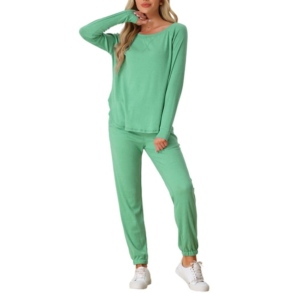 INSPIRE CHIC Women's Lounge Set Sweatshirt with Jogger Long Sleeve Round Neck Knit Pajama Tracksuit 2XL Light Green