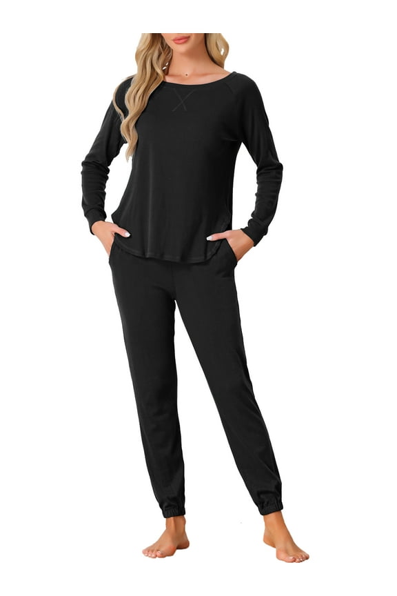 Women's Lounge Set Sweatshirt with Jogger Long Sleeve Round Neck Knit Pajama Tracksuit M Black