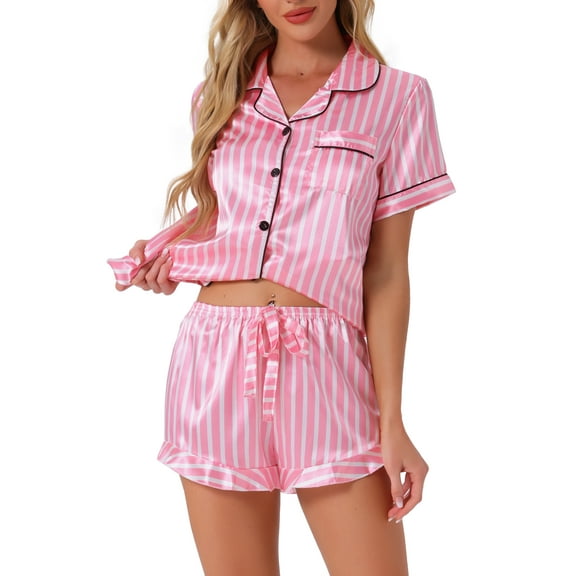 INSPIRE CHIC Womens Pajama Set Satin Silky 2 Piece Lounge Sets Ruffle Button Down Short Sleeve Shirt Shorts Sleepwear M Pink Striped