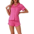 thumbnail image 1 of INSPIRE CHIC Womens Pajama Set Satin Silky 2 Piece Lounge Sets Ruffle Button Down Short Sleeve Shirt Shorts Sleepwear XL Hot Pink, 1 of 3