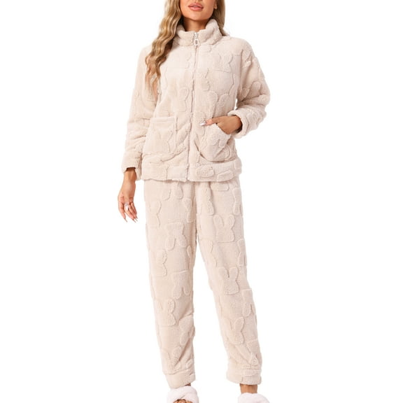INSPIRE CHIC Women's Pajama Sets Flannel Long Sleeve Soft Winter Warm Lounge Set with Pockets M Beige