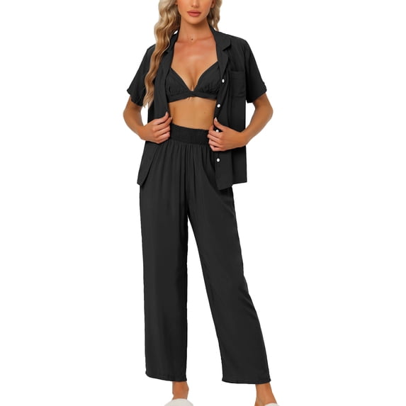 INSPIRE CHIC Women's Pajama Sets Short Sleeve Shirt Long Pant Sleevewear Nightshirt PJ Set M Black
