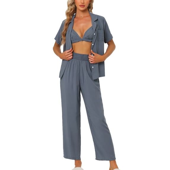 INSPIRE CHIC Women's Pajama Sets Short Sleeve Shirt Long Pant Sleevewear Nightshirt PJ Set L Grey Blue