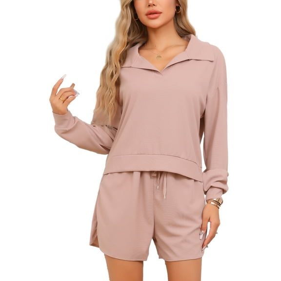 INSPIRE CHIC Women's Pajamas 2 Piece Lounge Sets Waffle Knit Matching Outfits Long Sleeve Top and Shorts with Pockets XS Pink