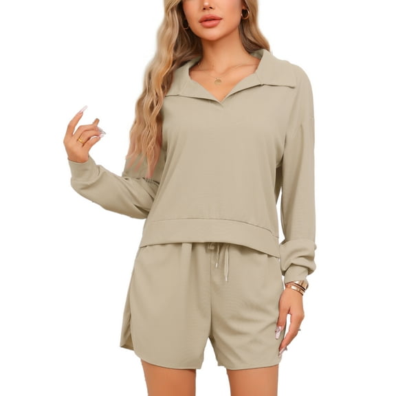 INSPIRE CHIC Women's Pajamas 2 Piece Lounge Sets Waffle Knit Matching Outfits Long Sleeve Top and Shorts with Pockets XS Beige