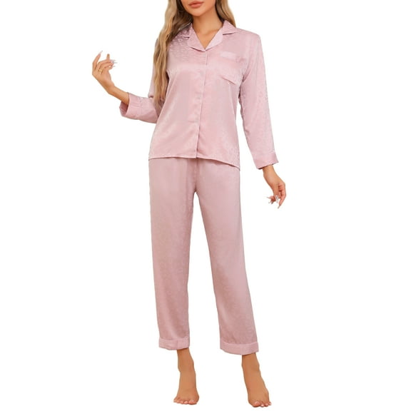 INSPIRE CHIC Women's Pajamas Set Long Sleeve Button Down Notched Collar Soft Casual Sleepwear Lounge Sets L Pink