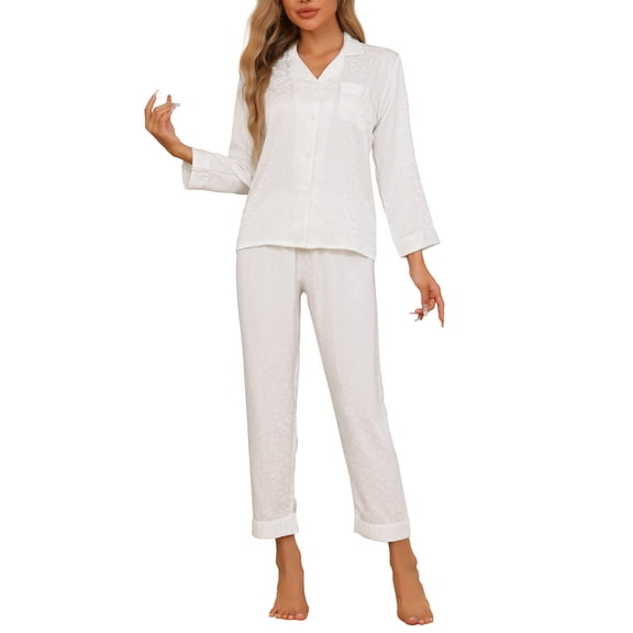 INSPIRE CHIC Women's Pajamas Set Long Sleeve Button Down Notched Collar Soft Casual Sleepwear Lounge Sets XS White