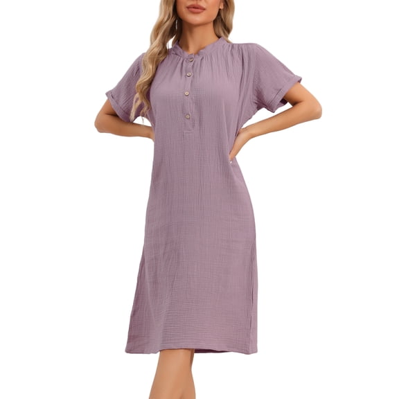INSPIRE CHIC Womens Pajamas Cotton Night Dress Soft Short Sleeve V Neck Long Nightgown Loungewear M Purple