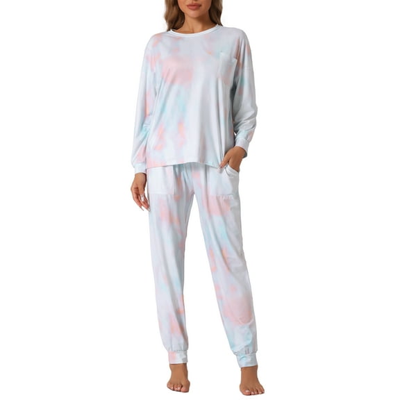 INSPIRE CHIC Women's Pajamas Set Tie Dye Long Sleeve Round Neck Drawstring Long Pants Pajamas Loungewear S White