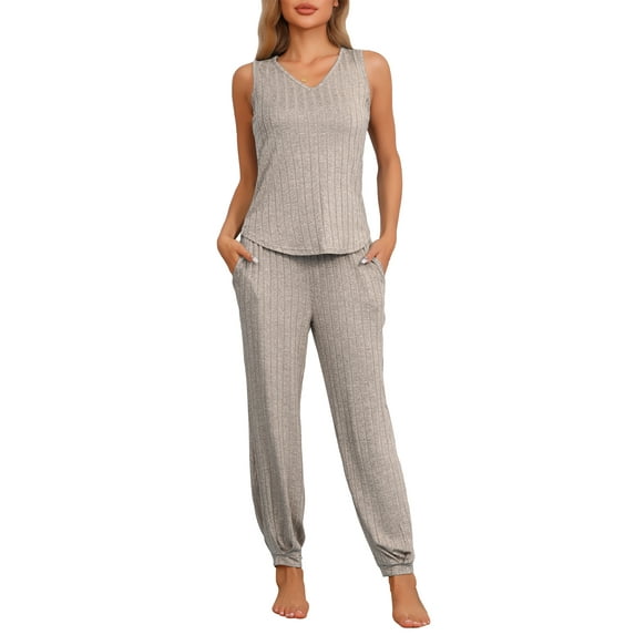INSPIRE CHIC Women's Pajamas Loungewear Knit Sleeveless V Neck Tank Tops with Pants Pajamas Set XL Khaki