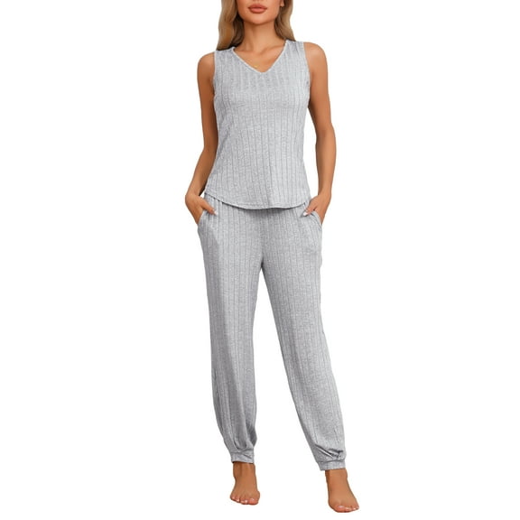 INSPIRE CHIC Women's Pajamas Loungewear Knit Sleeveless V Neck Tank Tops with Pants Pajamas Set XS Grey