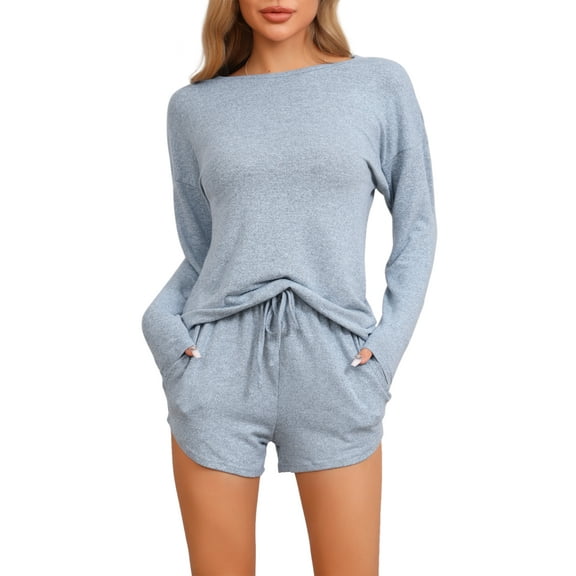 INSPIRE CHIC Women's Pajamas Set Long Sleeve Elastic Waist Top and Shorts Lounge Set Loungewear Sweatsuit with Pockets M BLue