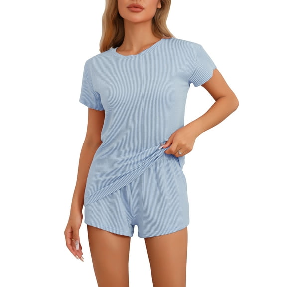 INSPIRE CHIC Women's Pajamas Short Sleeves Tops and Elastic Waist Shorts Tracksuit Casual Lounge Sets L Blue