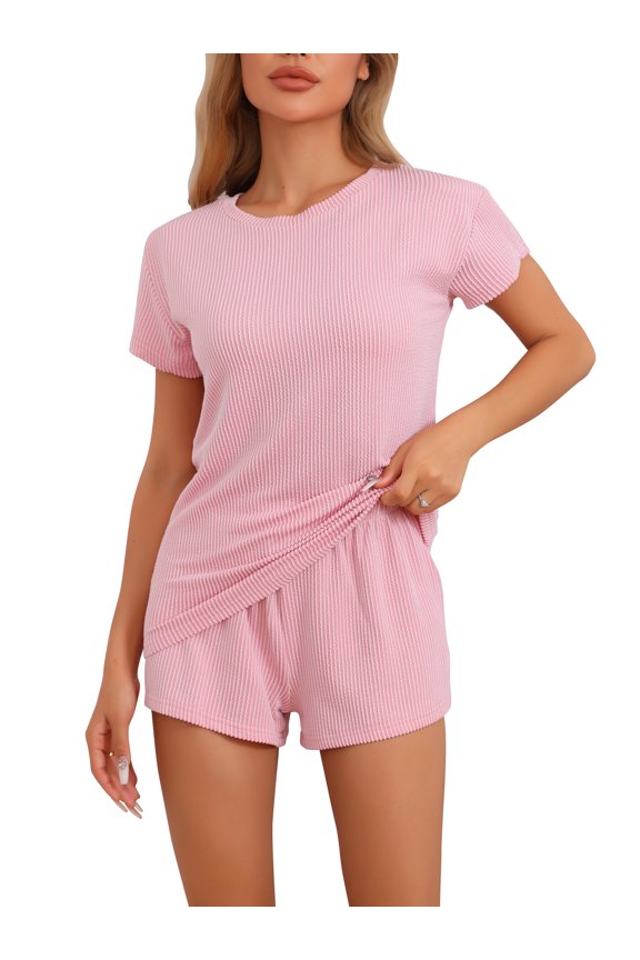 Women's Pajamas Short Sleeves Tops and Elastic Waist Shorts Tracksuit Casual Lounge Sets XL Pink