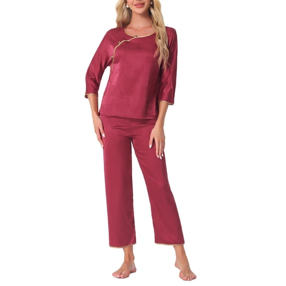 INSPIRE CHIC Women's Pajama SetsSilky Long Sleeve Round Neck Floral Loungewear S Red