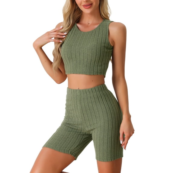 INSPIRE CHIC Womens Sleeveless Outfits Ribbed Knit Crop Tank Top with Jogger Biker Pajamas Shorts Lounge Sets S Army Green