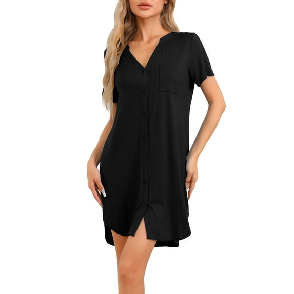 INSPIRE CHIC Womens Pajamas V-Neck Nightshirt Loungewear Button Down Short Sleeve Nightgowns L Black