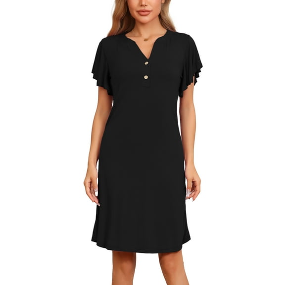 INSPIRE CHIC Women's Pajamas V-Neck Nightshirt Loungewear Ruffle Short Sleeve Nightgowns S Black