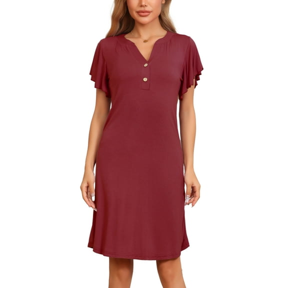 INSPIRE CHIC Women's Pajamas V-Neck Nightshirt Loungewear Ruffle Short Sleeve Nightgowns XL Red