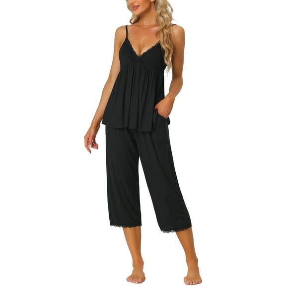 INSPIRE CHIC Women's Pajama Set Cami Top with Pants Lounge 2 Pcs Sleepwear Knit Waffle 2XL Black