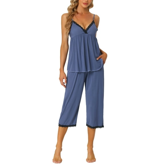 INSPIRE CHIC Women's Pajama Set Cami Top with Pants Lounge 2 Pcs Sleepwear Knit Waffle L Gray-Blue