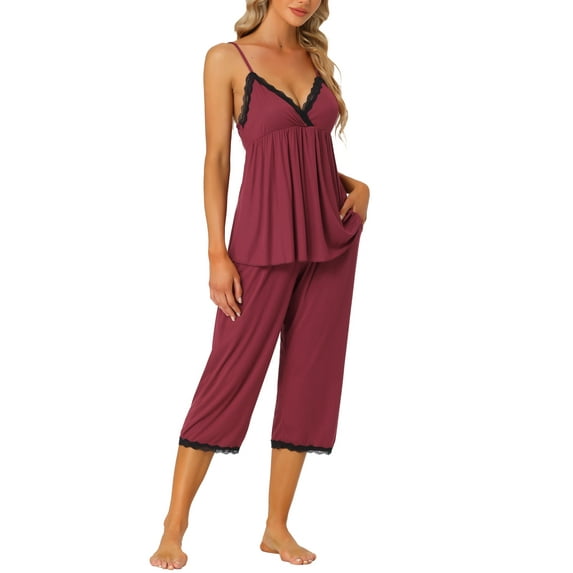 INSPIRE CHIC Women's Pajama Set Cami Top with Pants Lounge 2 Pcs Sleepwear Knit Waffle M Wine Red