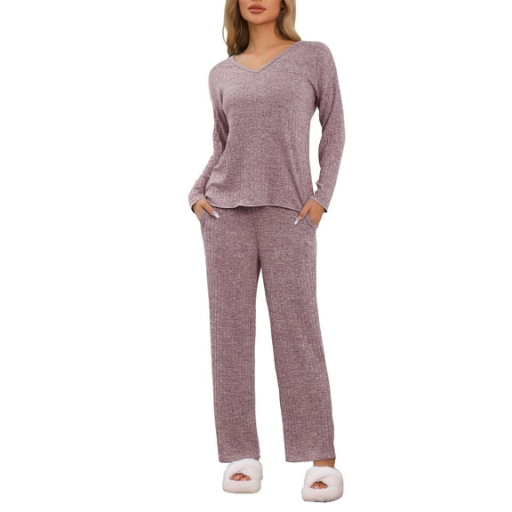 INSPIRE CHIC Women's Ribbed Knit Lounge Set Long Sleeve Pants Sleepwear Pajama Set 2 Piece Matching Outfits Set L Purple
