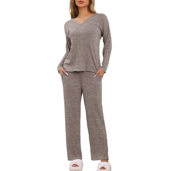 INSPIRE CHIC Women's Ribbed Knit Lounge Set Long Sleeve Pants Sleepwear Pajama Set 2 Piece Matching Outfits Set XL Brown