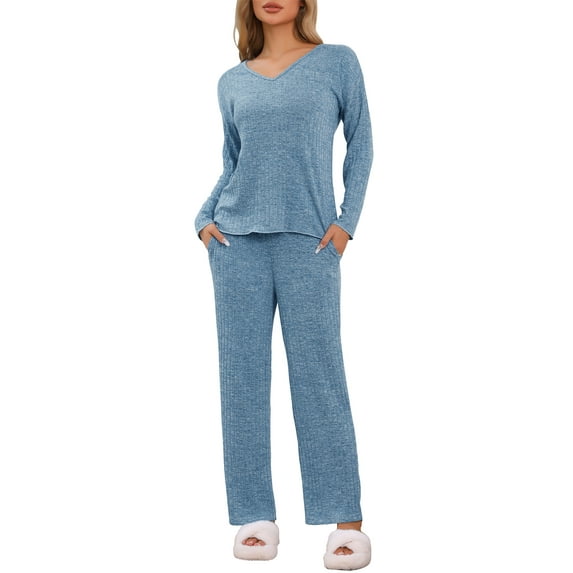 INSPIRE CHIC Women's Ribbed Knit Lounge Set Long Sleeve Pants Sleepwear Pajama Set 2 Piece Matching Outfits Set XS Blue