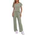 thumbnail image 1 of INSPIRE CHIC Women's Ribbed Knit Sweatsuit Round Neck 2 Piece Set Loungewear Short Sleeve Tracksuit M Green, 1 of 5