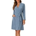 thumbnail image 1 of INSPIRE CHIC Women's Robe Ribbed Knit Knee Length Robes Stretchy Short Sleepwear Bathrobe with Pockets L Blue, 1 of 5