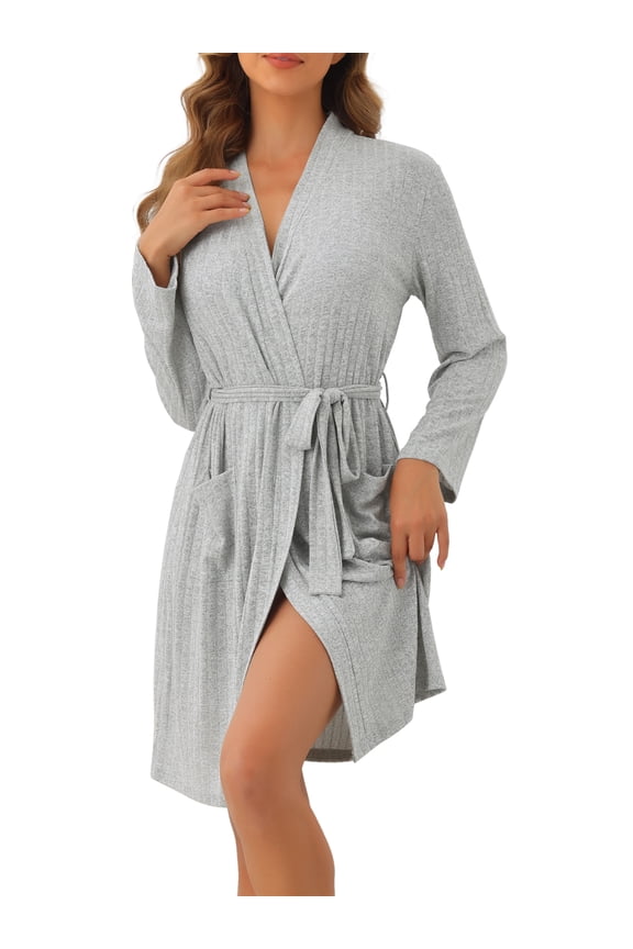 Women's Robe Ribbed Knit Knee Length Robes Stretchy Short Sleepwear Bathrobe with Pockets XL Gray