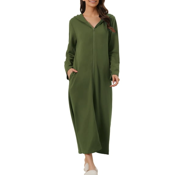 INSPIRE CHIC Women's Zip Up Nightgowns Long House Robe Long Sleeve Hooded Sweatshirt Loungewear with Pockets M Army Green