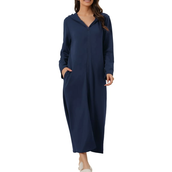 INSPIRE CHIC Women's Zip Up Nightgowns Long House Robe Long Sleeve Hooded Sweatshirt Loungewear with Pockets M Navy Blue