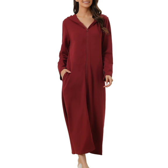 INSPIRE CHIC Women's Zip Up Nightgowns Long House Robe Long Sleeve Hooded Sweatshirt Loungewear with Pockets M Red