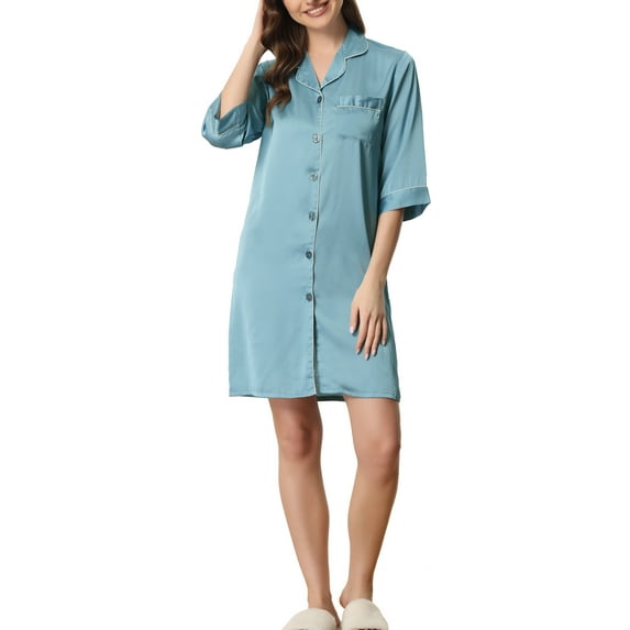 INSPIRE CHIC Women's Satin Pajamas 3/4 Sleeve Button Down Dress Nightshirt XS Blue