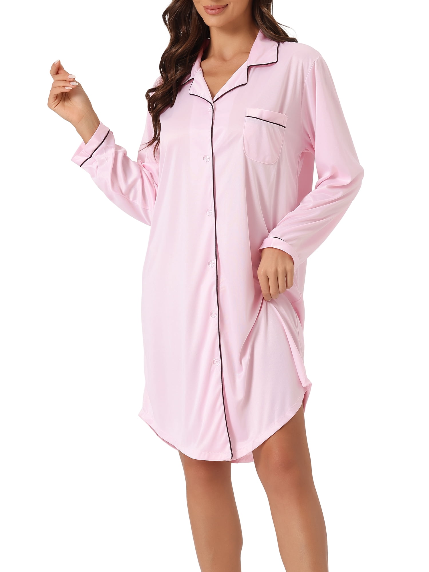 cheibear Womens Satin Button Down Nightgown Long Sleeve Silky Boyfriend