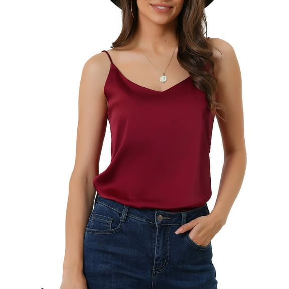 INSPIRE CHIC Women's Satin Cami Tops V Neck Spaghetti Strap Silk Sleep Lounge Pajamas Blouse M Red