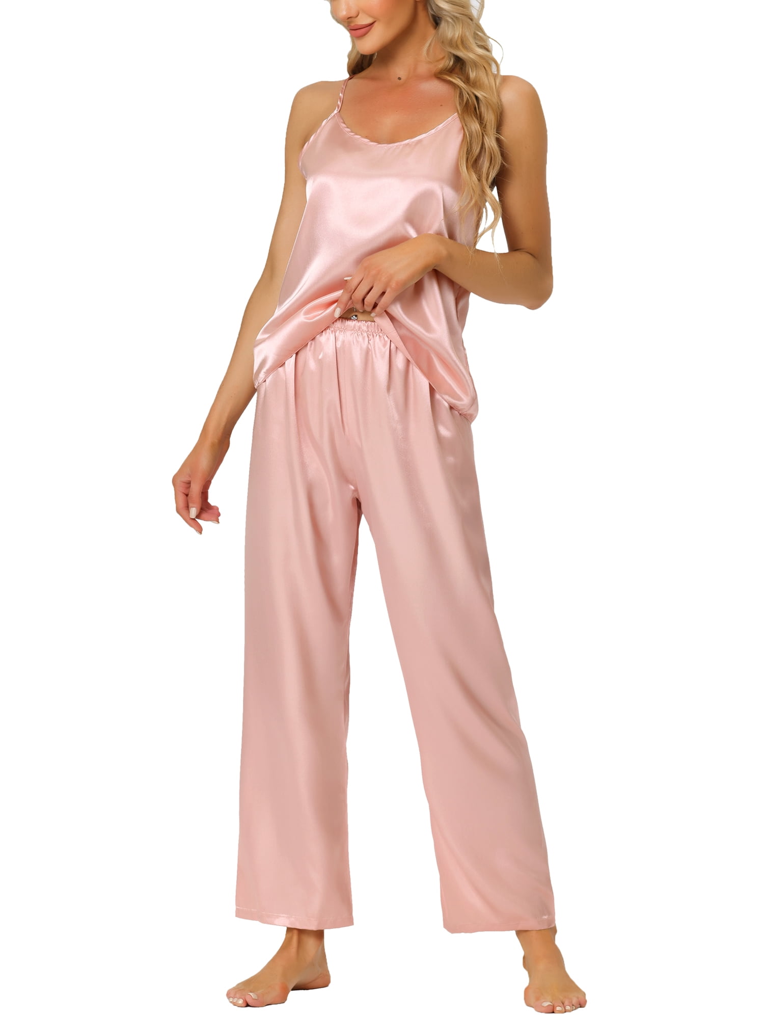 Cheibear Womens Satin Lounge Solid Color Cami Tops With Pants Sleepwear