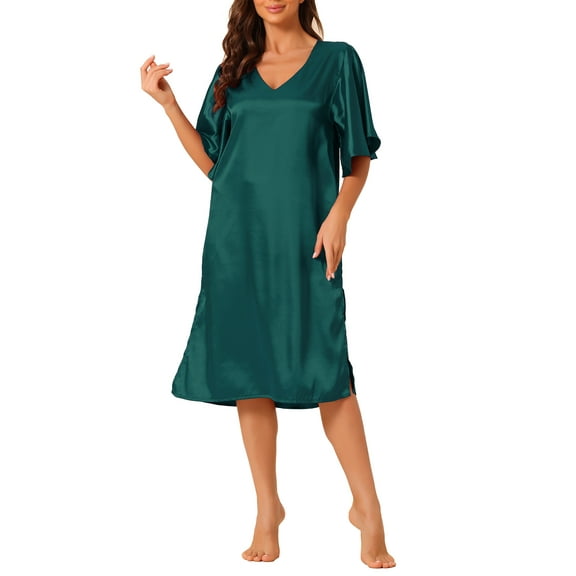 INSPIRE CHIC Women's Satin Nightdress Flare Bell Short Sleeve Sleep Dress Nightshirt Nightgown XS Green
