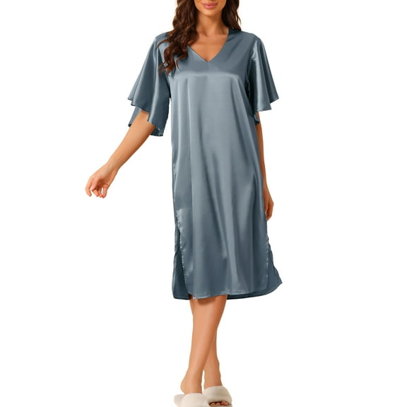 INSPIRE CHIC Women's Satin Nightdress Flare Bell Short Sleeve Sleep Dress Nightshirt Nightgown XS Blue