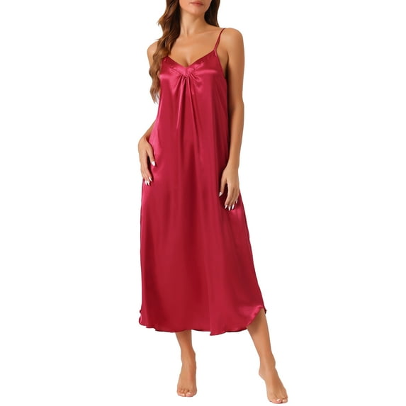 INSPIRE CHIC Women's Satin Nightgown V Neck Sleeveless Sleepwear Silky Nightdress Soft Loose Long Nightwear L Claret