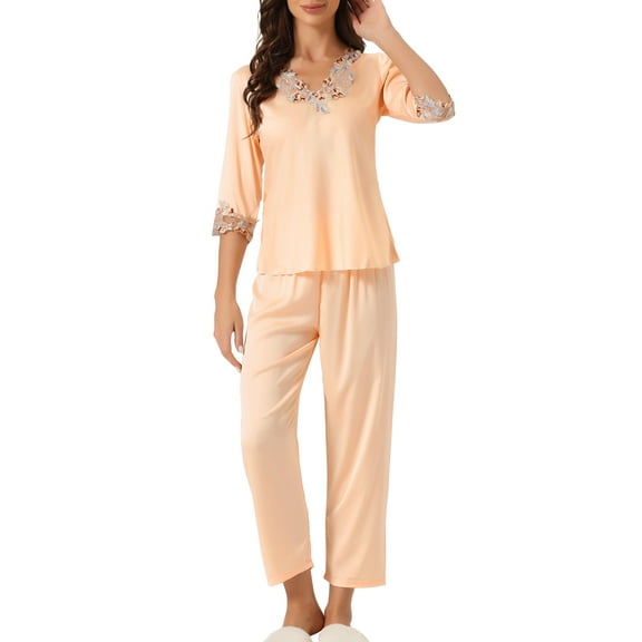 INSPIRE CHIC Women's Satin Pajama Set Half Sleeve Lace Top with Long Pants 2 Piece Sleepwear Sets M Champagne