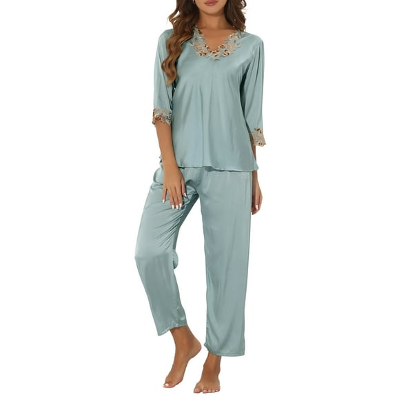 INSPIRE CHIC Women's Satin Pajama Set Half Sleeve Lace Top with Long Pants 2 Piece Sleepwear Sets L Blue